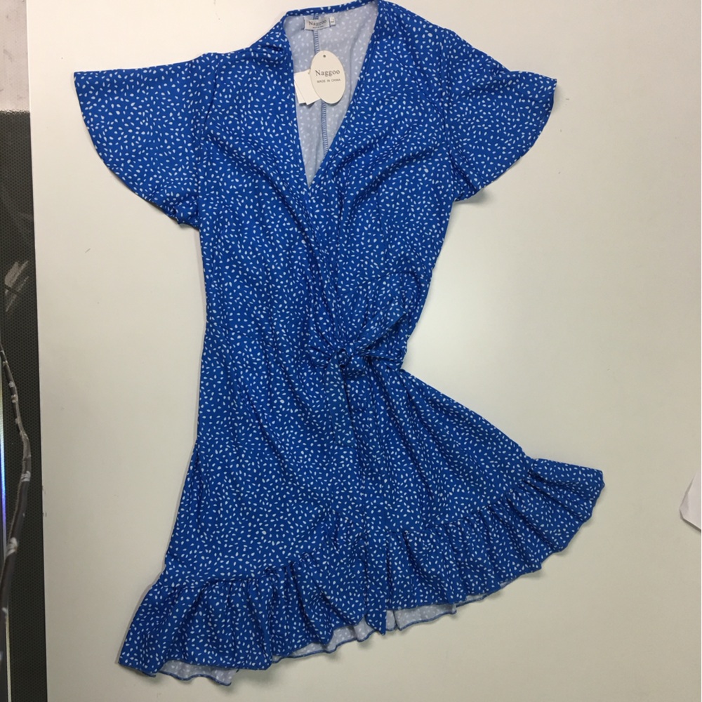 Naggoo Wrap Dress Women's Large Blue Polka Dots Polyester Tie Waist Ruffle Hem